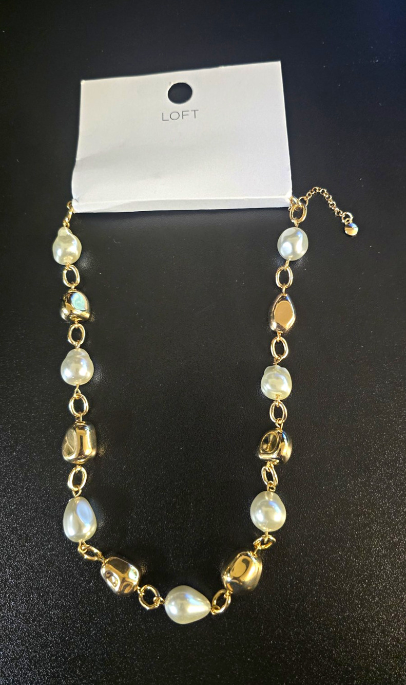 LOFT Gold Tone Faux Pearl & Organic Metallic Bead Statement Necklace NWT